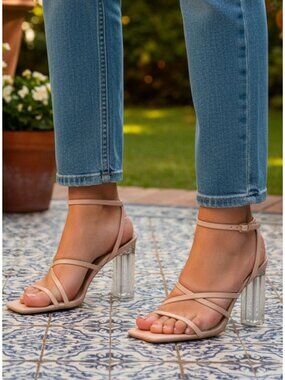 Strappy Nude Sandals With Clear Block Heels - Elegant & Versatile Design For Wom